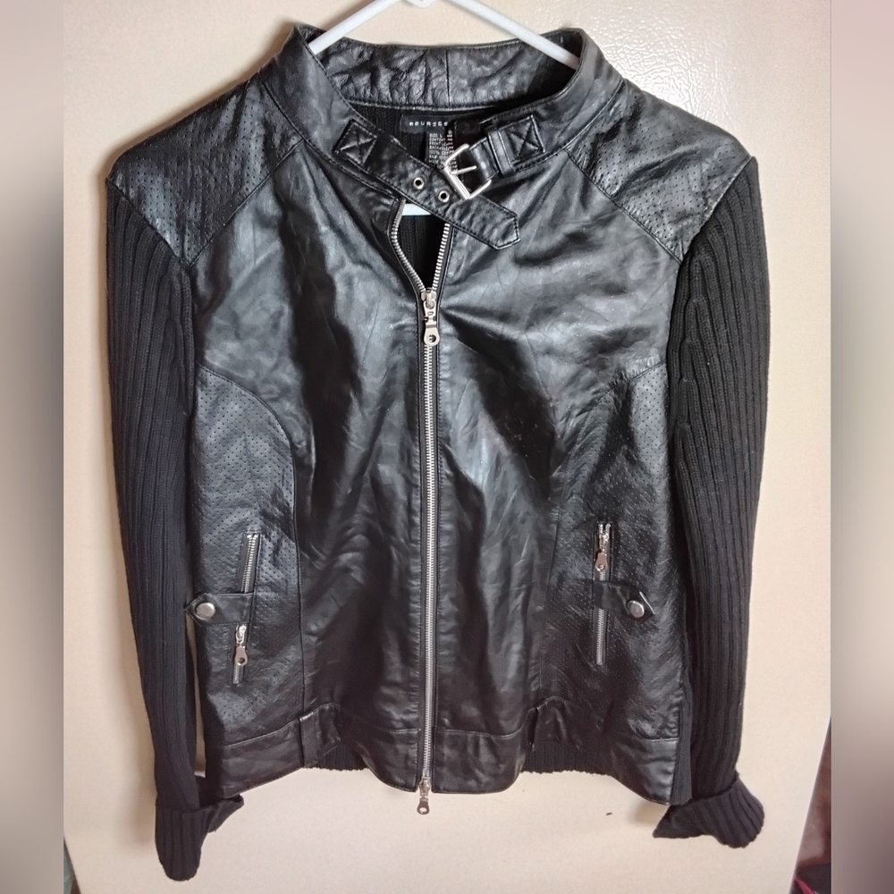 Black Maurice Sasson Womens Leather & Knit Sweater Jacket W/ Buckle Strap Collar